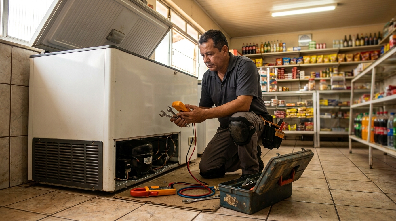 Técnico reparando o motor de um freezer horizontal em Guarapari‑ES