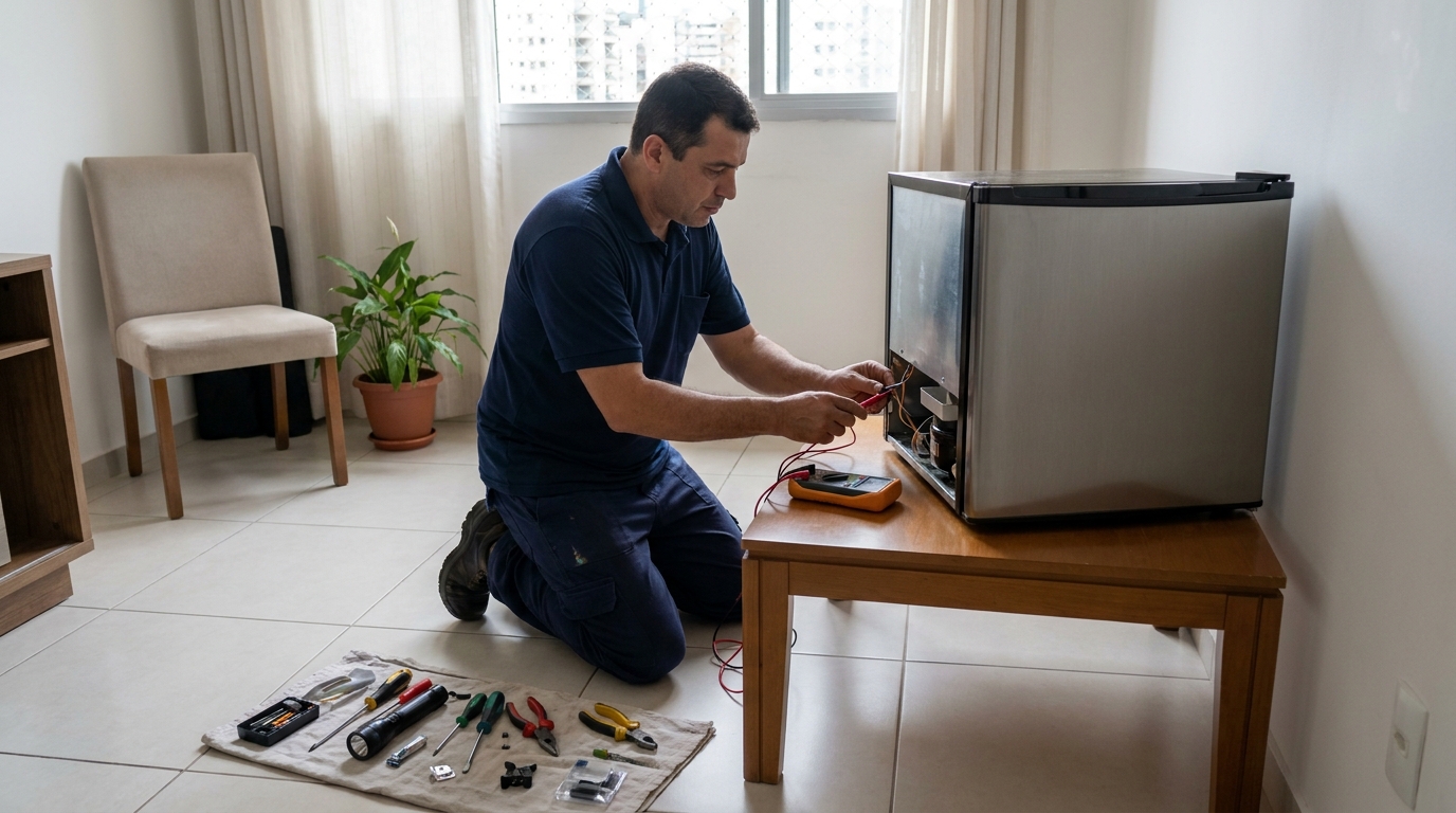 Técnico revisando o motor de um frigobar em Guarapari‑ES