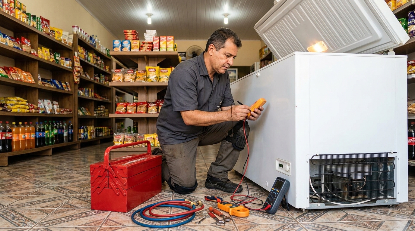 Manômetro conectado ao circuito durante recarga de gás de freezer em Guarapari‑ES