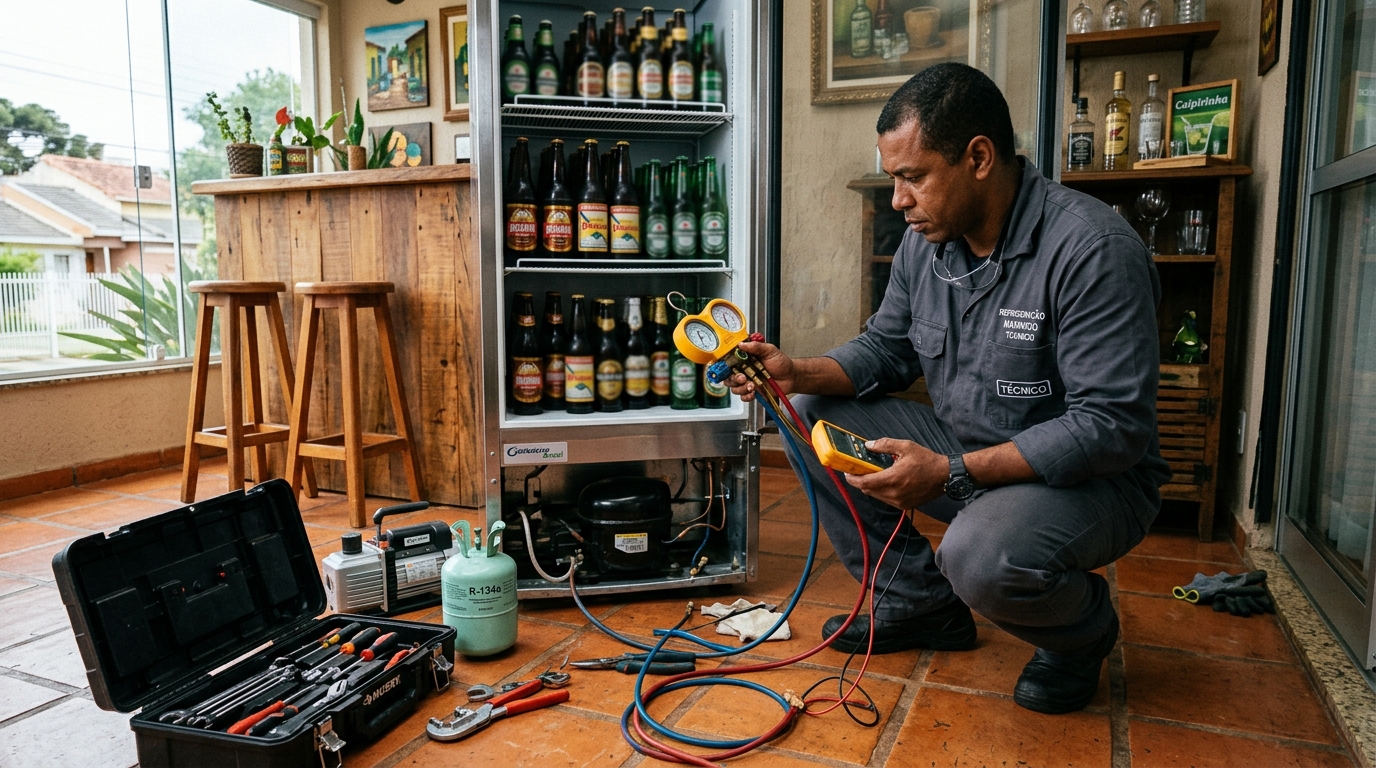 Técnico conferindo a temperatura de uma cervejeira durante atendimento em Guarapari‑ES